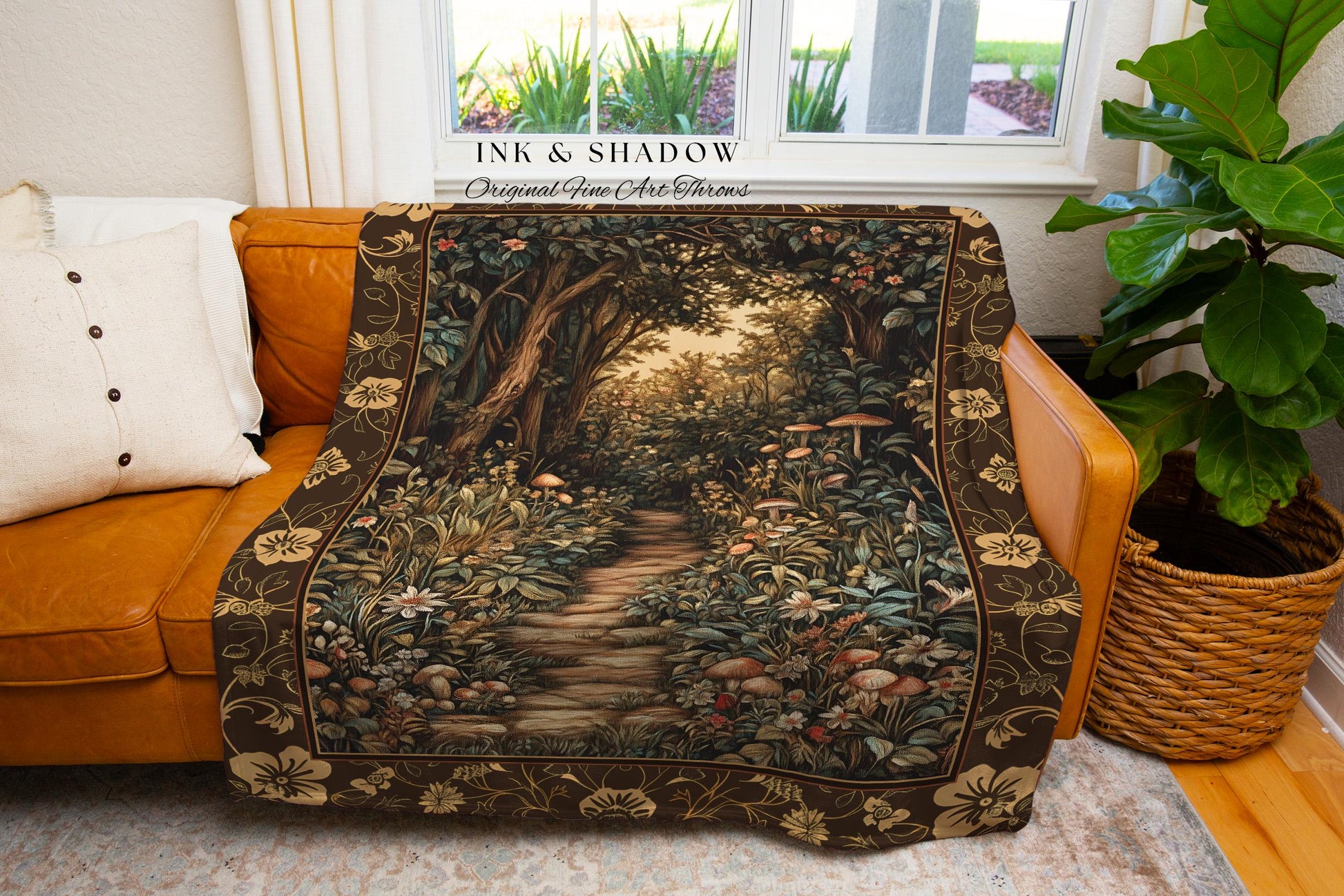 Mushroom Forest Magical Woodland Tapestry Blanket Ethereal Mystic Academia, Vintage Folklore Art Forest Fairycore Whimsigoth Medieval Throw