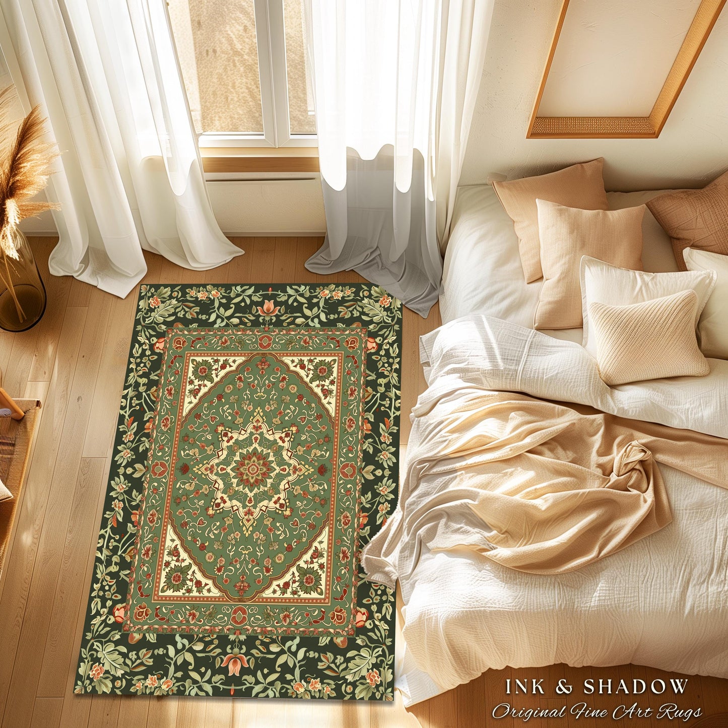 Ornate Floral Medallion Sage Green Round Rug Antique Persian Style Ethereal Botanical Elegance, Vintage Victorian Gothic Cottagecore Unique