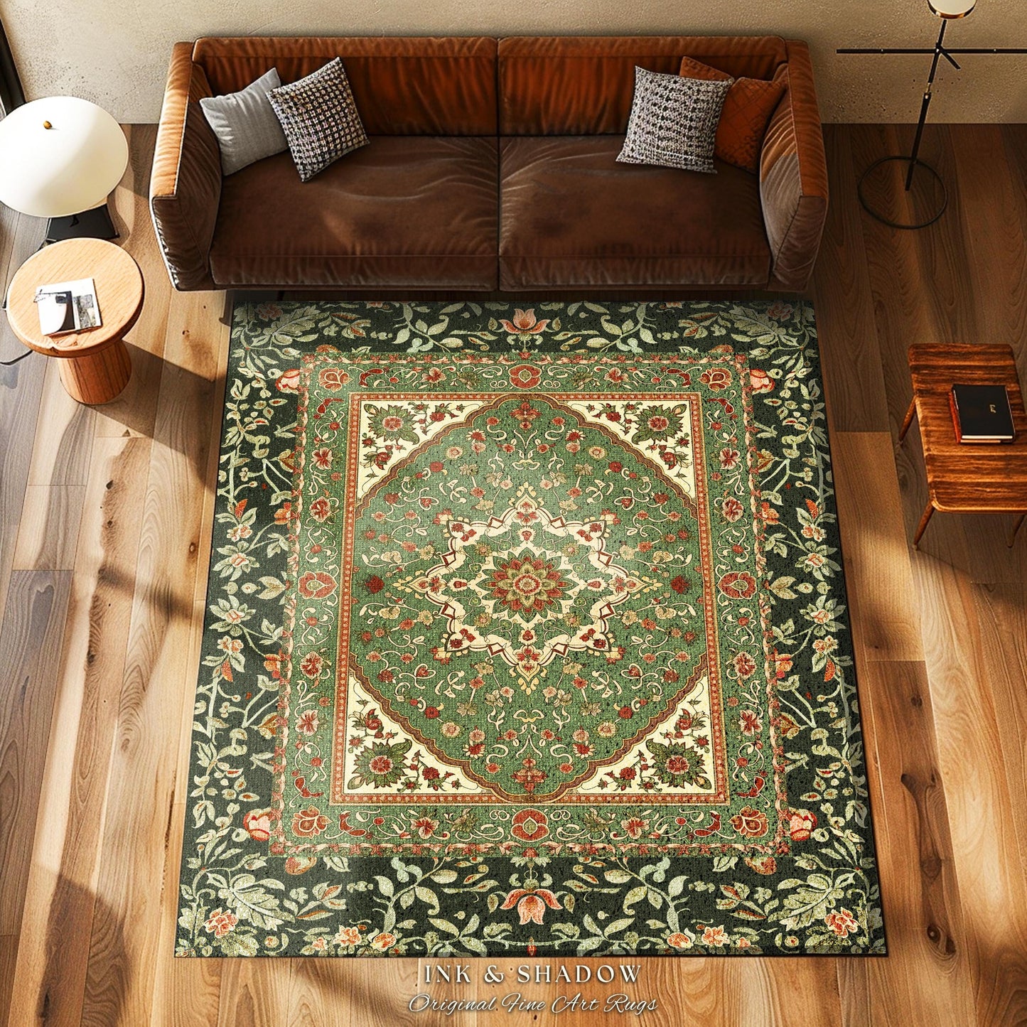 Ornate Floral Medallion Sage Green Rug Antique Persian Style Ethereal Botanical Elegance, Vintage Victorian Gothic Cottagecore Unique Whimsy