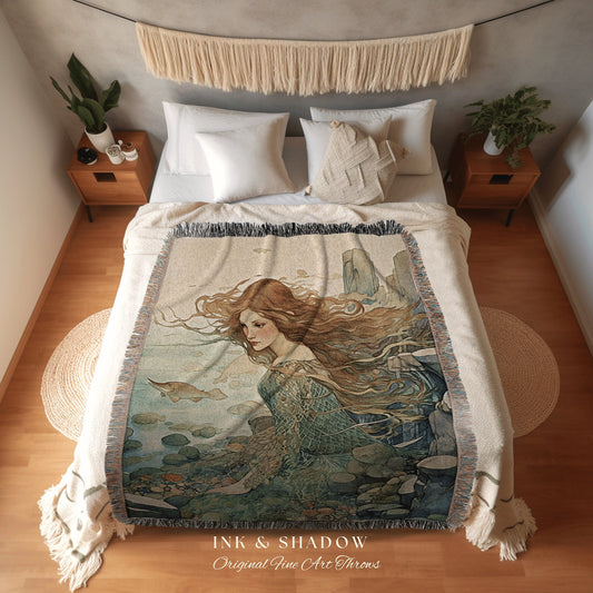 Fairycore Mermaid Blanket | Fairy Aesthetic Celestial Cottagecore Decor Art Nouveau Tapestry Woven Blanket Fairycore Decor Vintage Mermaid |