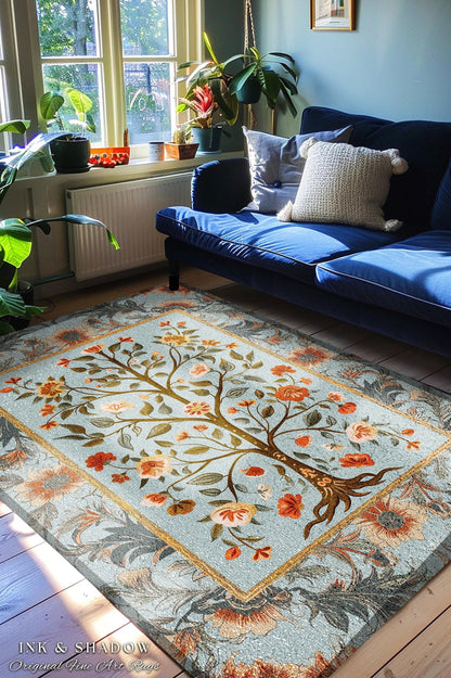 Dusty Blue Tree of Life Folk Art Accent Rug for Living Room | Eclectic Home Decor Rustic Aesthetic Pastel Cottagecore Bedroom Floor Area Rug