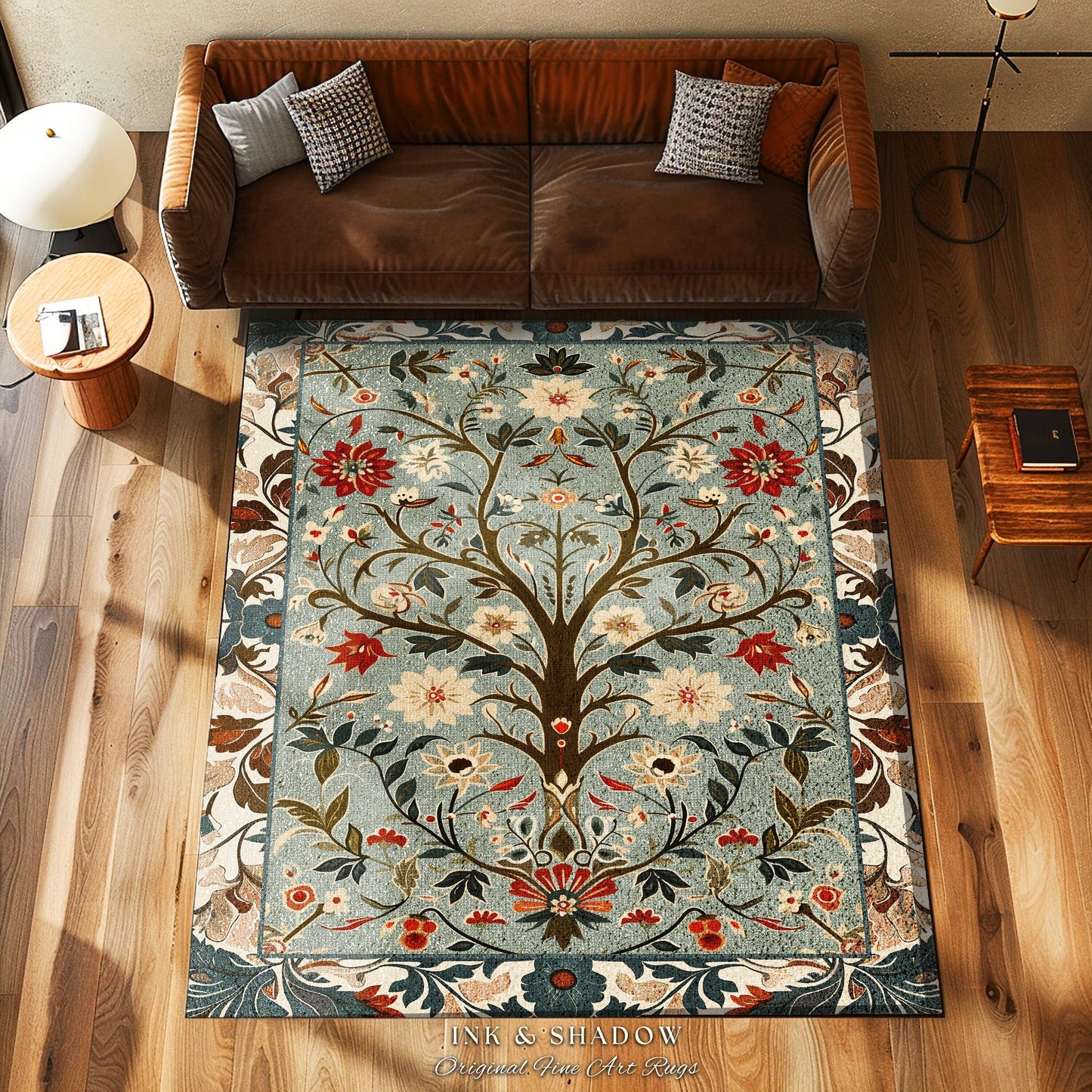 Pastel Boho Rustic Tree of Life Area Rug | Folk Art Aesthetic Bedroom Rug Vintage Style Home Decor Rustic Housewarming Gift Cottagecore Rug