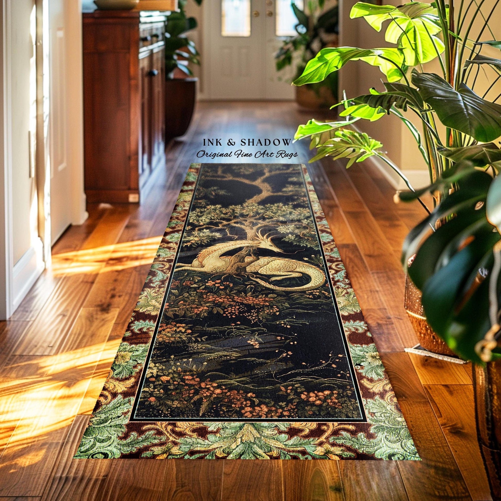 Renaissance Dragon Round Area Rug Forestcore Victorian Gothic Charm | Antique Baroque Style Enchanted Medieval Fantasy Cottagecore Woodland