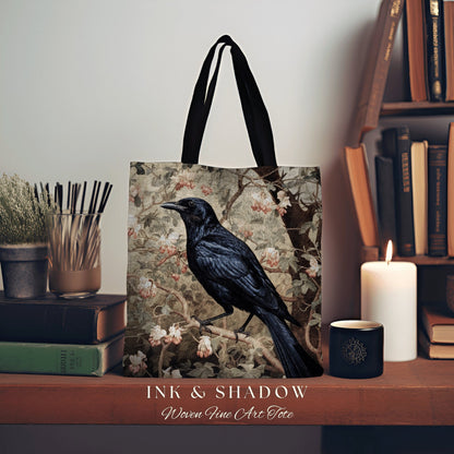 Mystic Raven Tote Bag Botanical | Gothic Tote William Morris Inspired Raven Tote Bag Crow Core Satchel Maximalist Tapestry Bag Fairycore |