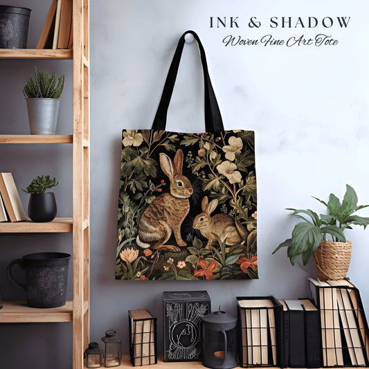 Cottagecore Rabbit Tote Bag | Boho Satchel Folk Art Woven Tapestry Bag William Morris Dark Botanical Goth Medieval Aesthetic Spring Style