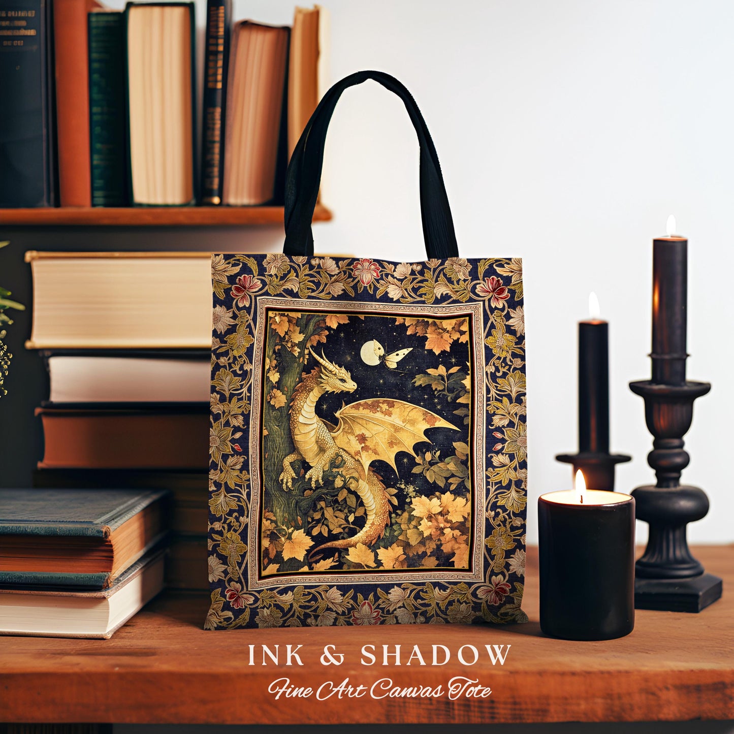 Ethereal Dragon Tapestry Tote Antique Mystical Moonlit Forest Fairytale Decor | Enchanted Fairycore Celestial Night Art Fantasy Woven Bag |