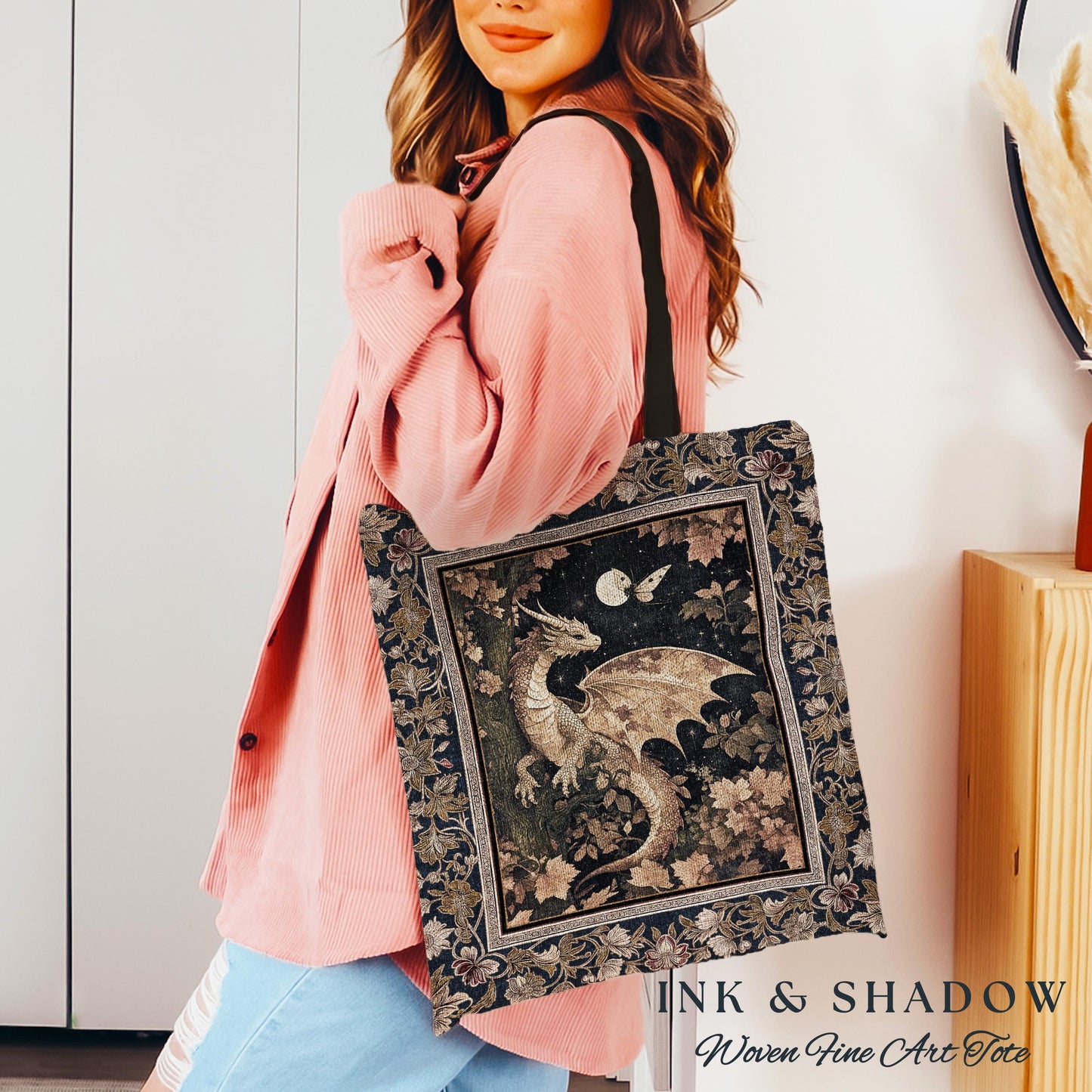 Ethereal Dragon Tapestry Tote Antique Mystical Moonlit Forest Fairytale Decor | Enchanted Fairycore Celestial Night Art Fantasy Woven Bag |