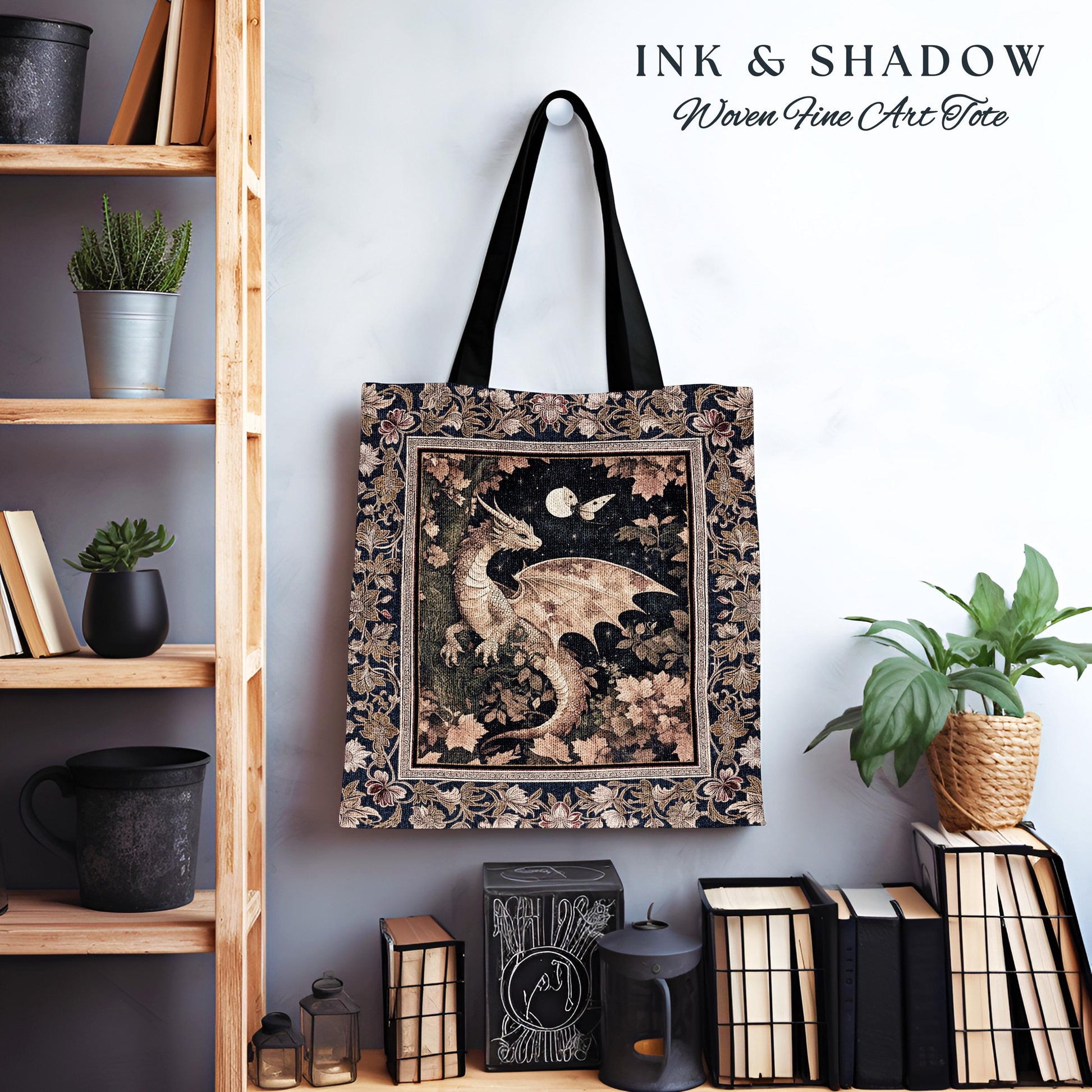 Ethereal Dragon Tapestry Tote Antique Mystical Moonlit Forest Fairytale Decor | Enchanted Fairycore Celestial Night Art Fantasy Woven Bag |