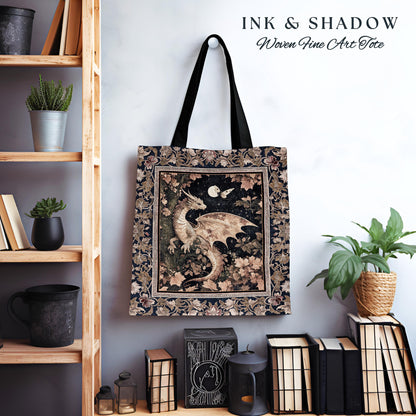 Ethereal Dragon Tapestry Tote Antique Mystical Moonlit Forest Fairytale Decor | Enchanted Fairycore Celestial Night Art Fantasy Woven Bag |