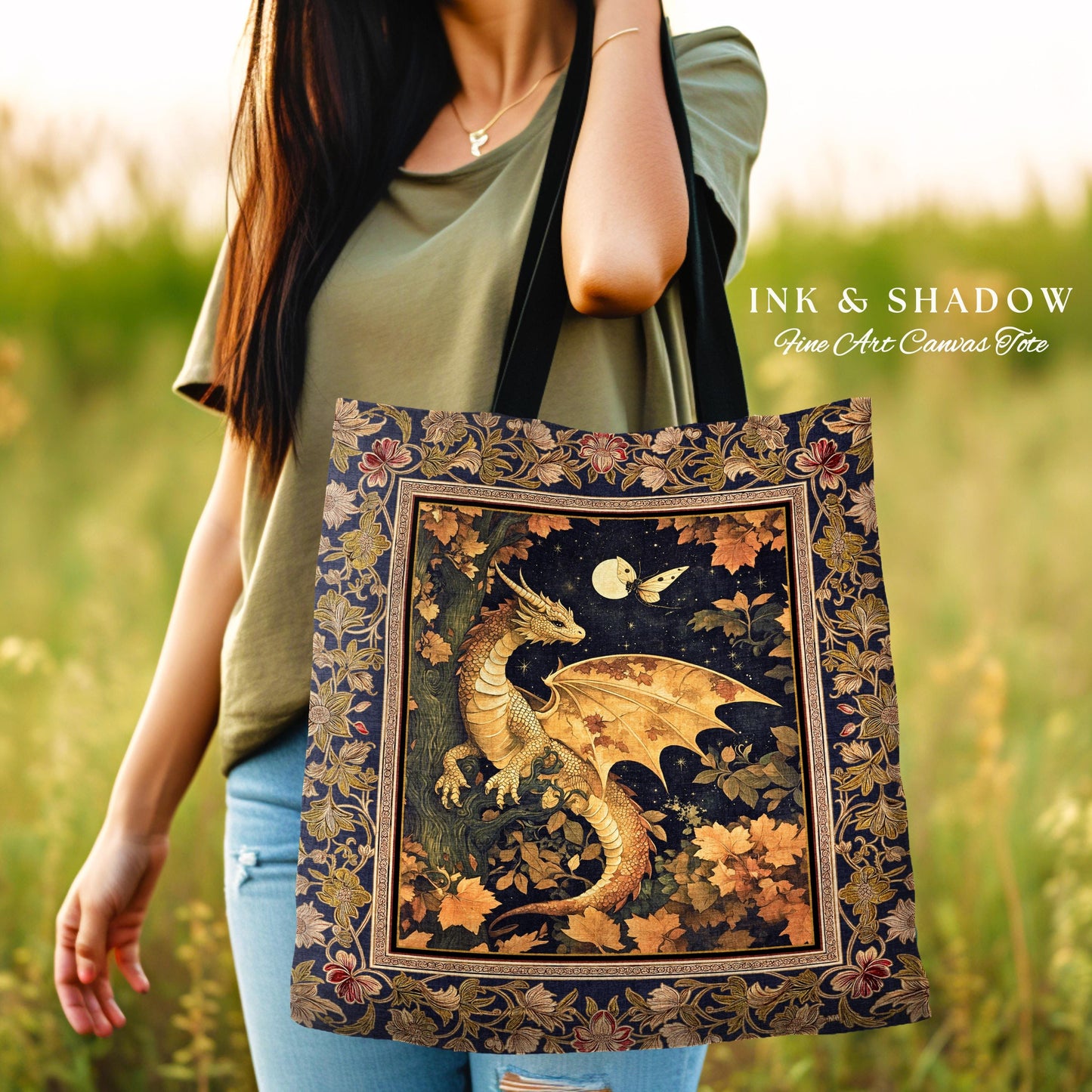 Ethereal Dragon Tapestry Tote Antique Mystical Moonlit Forest Fairytale Decor | Enchanted Fairycore Celestial Night Art Fantasy Woven Bag |