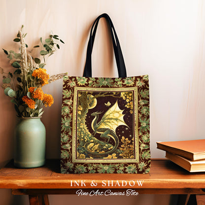 Mystical Dragon Blanket Gilded Hygge Antique Moonlit Forest Fantasy Art Tote Bag | Vintage Celestial Romantic Baroque Woodland Tapestry Tote