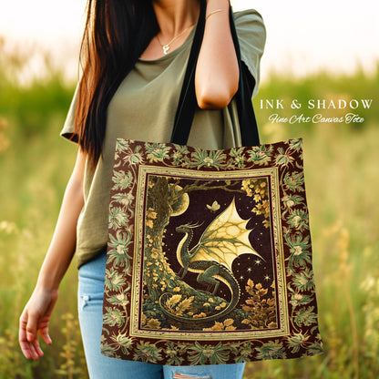 Mystical Dragon Blanket Gilded Hygge Antique Moonlit Forest Fantasy Art Tote Bag | Vintage Celestial Romantic Baroque Woodland Tapestry Tote