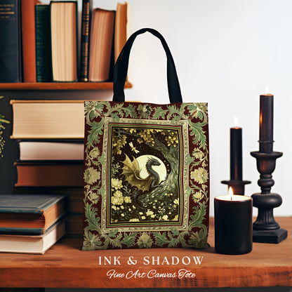 Woodland Gothic Dragon Tote Mystical Forest Green Full Moon Celestial Magic Fantasy Art | Whimsigothic Enchanted Fairytale Tapestry Bag |