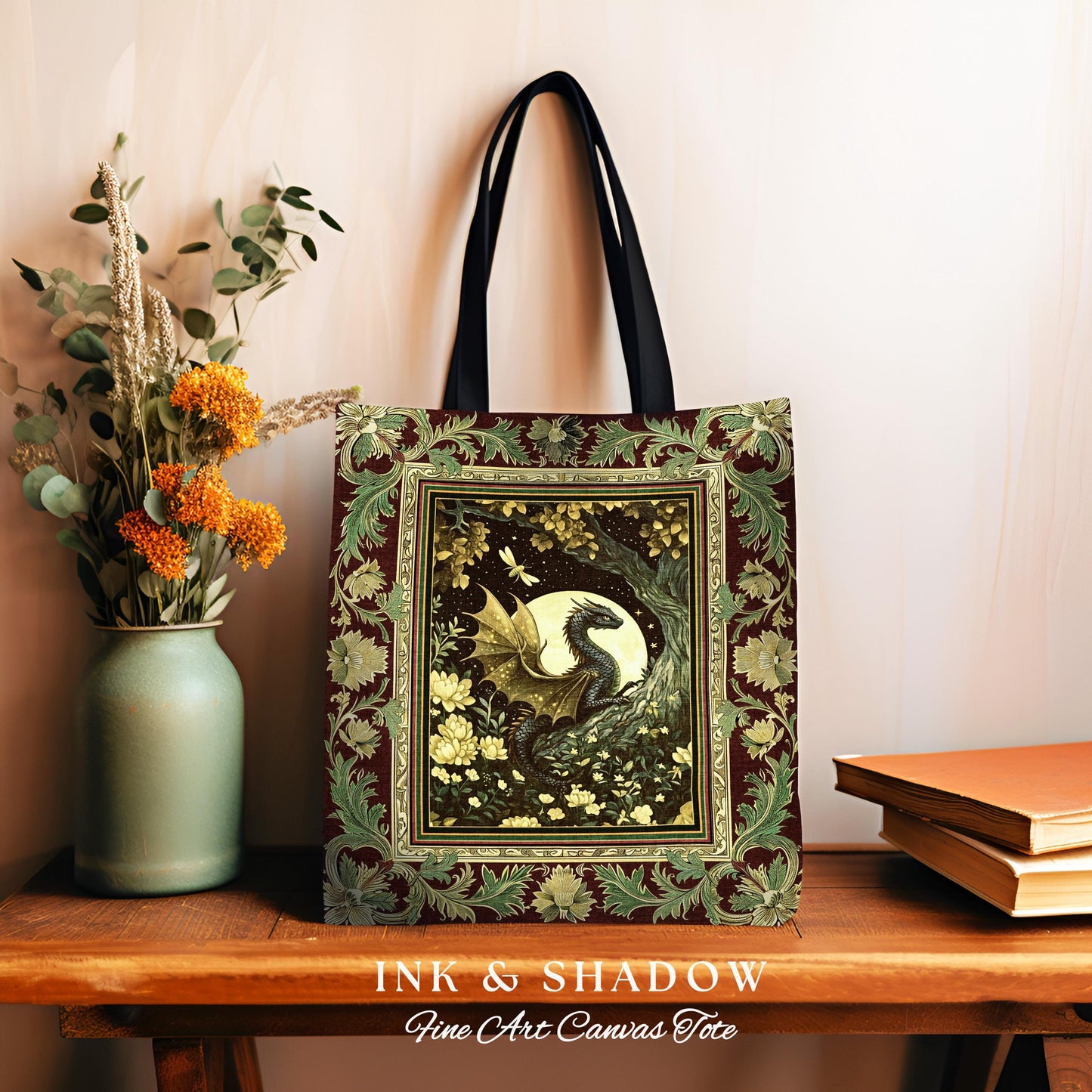 Woodland Gothic Dragon Tote Mystical Forest Green Full Moon Celestial Magic Fantasy Art | Whimsigothic Enchanted Fairytale Tapestry Bag |