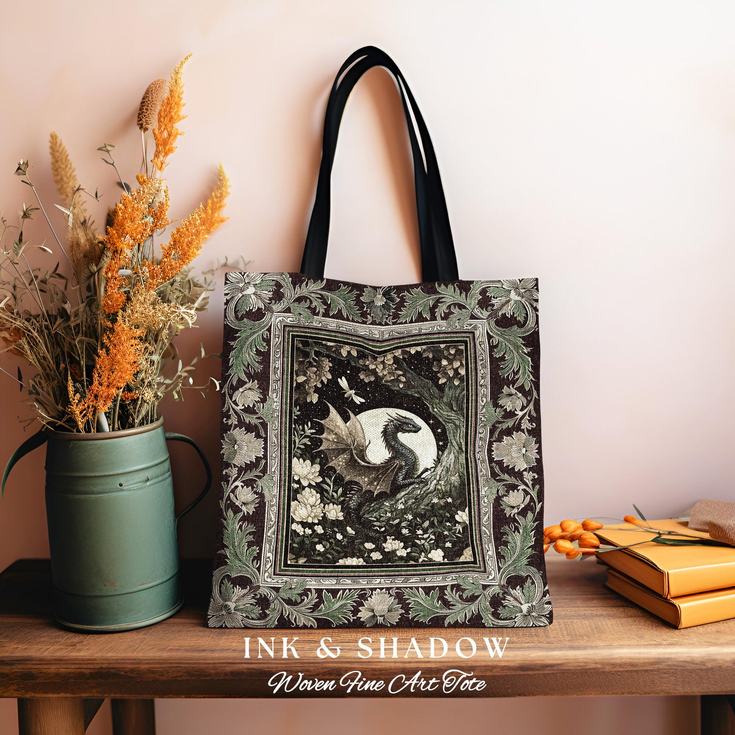 Woodland Gothic Dragon Tote Mystical Forest Green Full Moon Celestial Magic Fantasy Art | Whimsigothic Enchanted Fairytale Tapestry Bag |