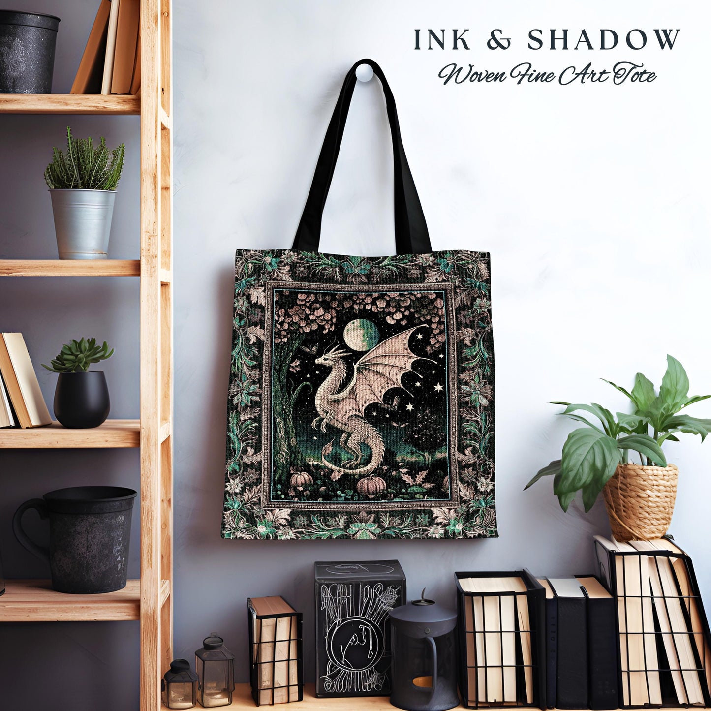 Witchy Whimsigothic Enchanted Night Moonlit Mystic Dragon Tote Celestial Fairytale Tapestry Bag, Mythical Fantasy Forestcore Art Decor Gift