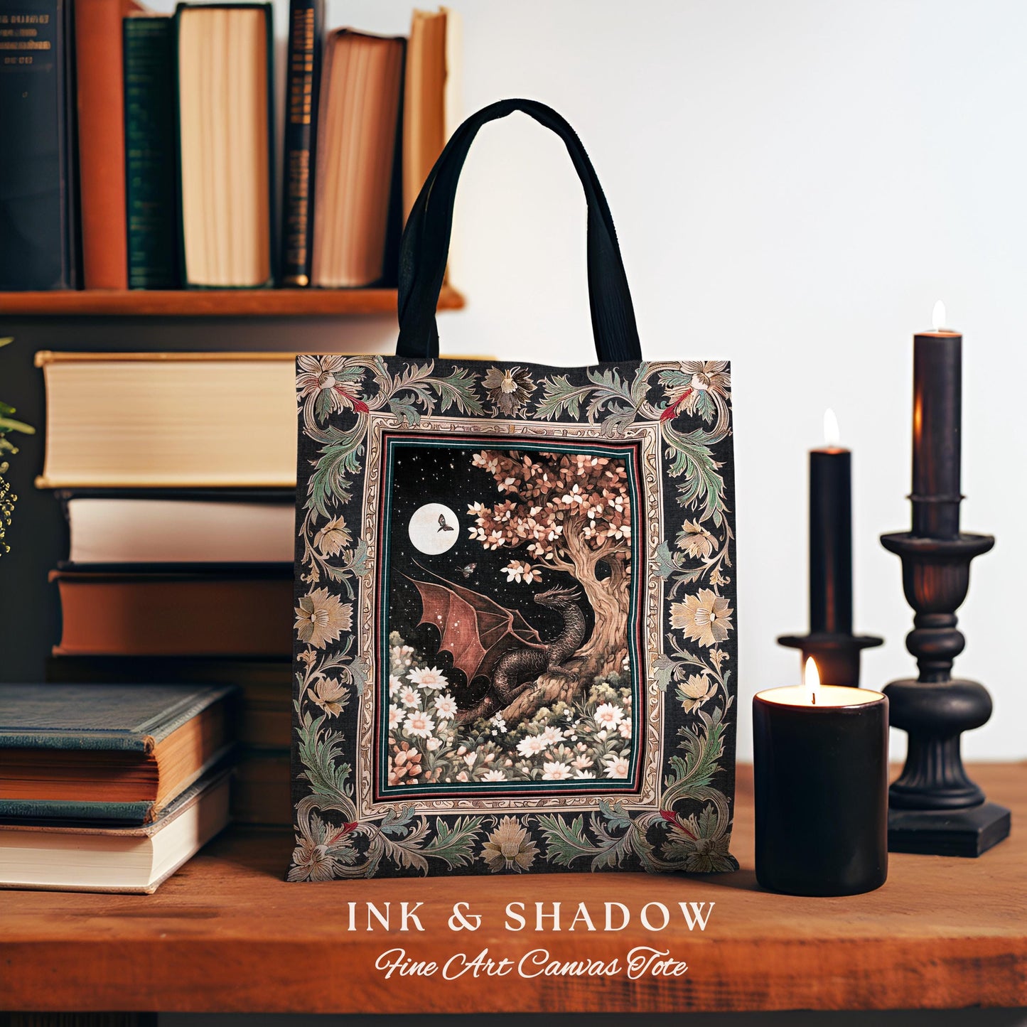 Dreamscape Tote Bag Twilight Dragon Dark Floral Enchanted Victorian Gothic Art Decor | Mystic Forest Whimsical Folklore Magic Tapestry Bag