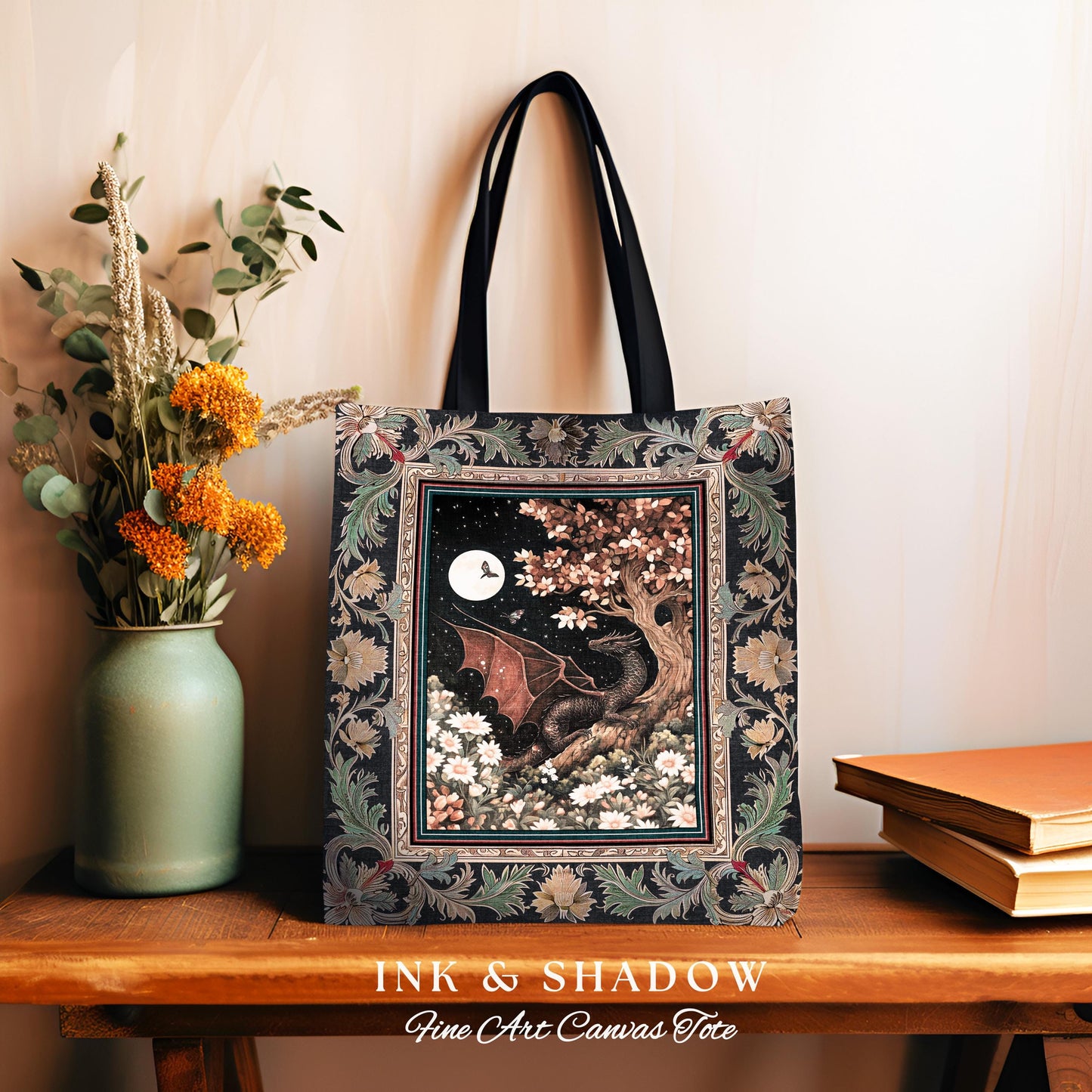 Dreamscape Tote Bag Twilight Dragon Dark Floral Enchanted Victorian Gothic Art Decor | Mystic Forest Whimsical Folklore Magic Tapestry Bag