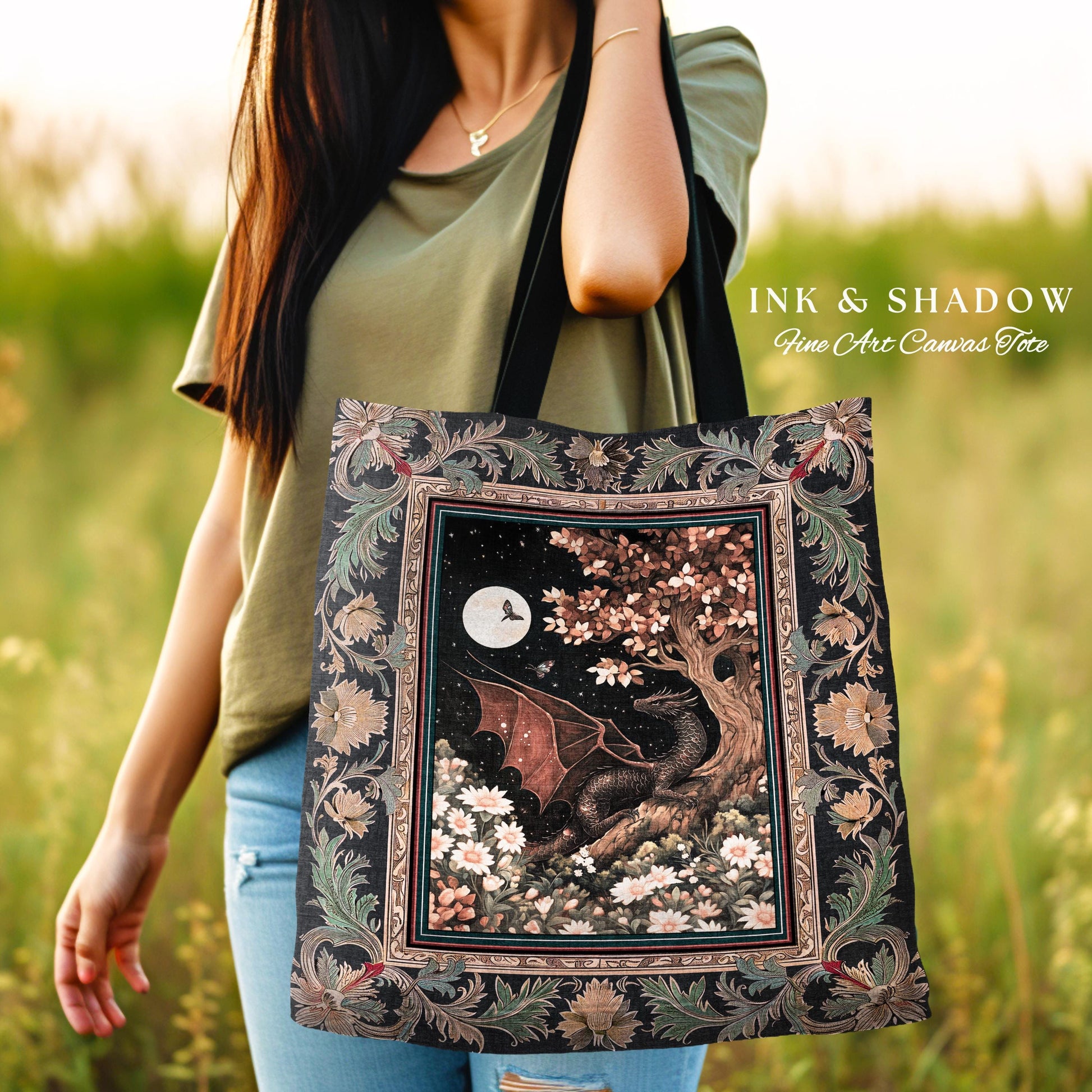 Dreamscape Tote Bag Twilight Dragon Dark Floral Enchanted Victorian Gothic Art Decor | Mystic Forest Whimsical Folklore Magic Tapestry Bag