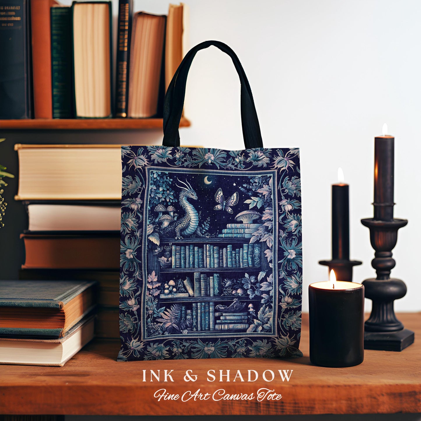 Midnight Blue Enchanted Library Dragon Tote Celestial Dark Academia Fairycore | Whimsical Gothic Cottagecore Fantasy Art Tapestry Bag Woven