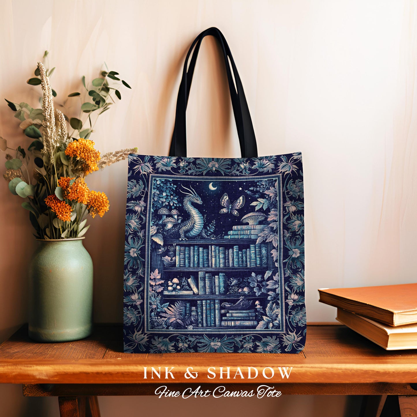 Midnight Blue Enchanted Library Dragon Tote Celestial Dark Academia Fairycore | Whimsical Gothic Cottagecore Fantasy Art Tapestry Bag Woven