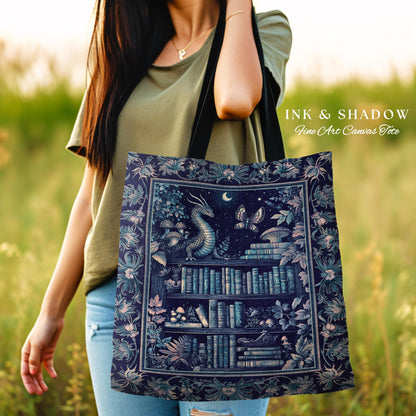 Midnight Blue Enchanted Library Dragon Tote Celestial Dark Academia Fairycore | Whimsical Gothic Cottagecore Fantasy Art Tapestry Bag Woven