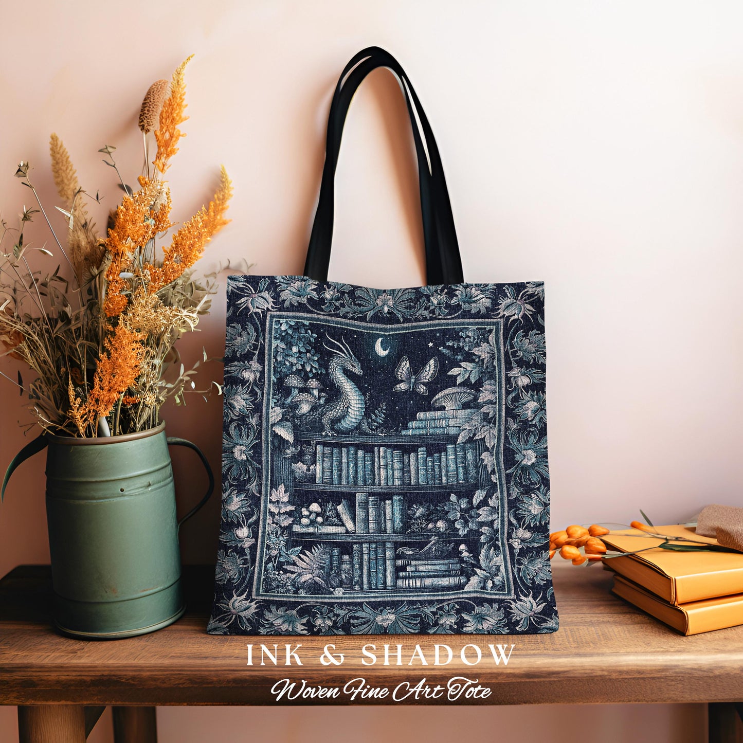 Midnight Blue Enchanted Library Dragon Tote Celestial Dark Academia Fairycore | Whimsical Gothic Cottagecore Fantasy Art Tapestry Bag Woven