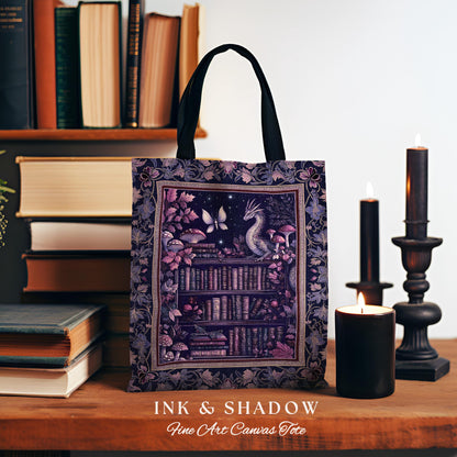 Fairytale Books & Dragon Tote Mystical Cottagecore Purple Bag | Whimsical Witchy Reading Nook Tapestry Enchanted Victorian Academia Artwork