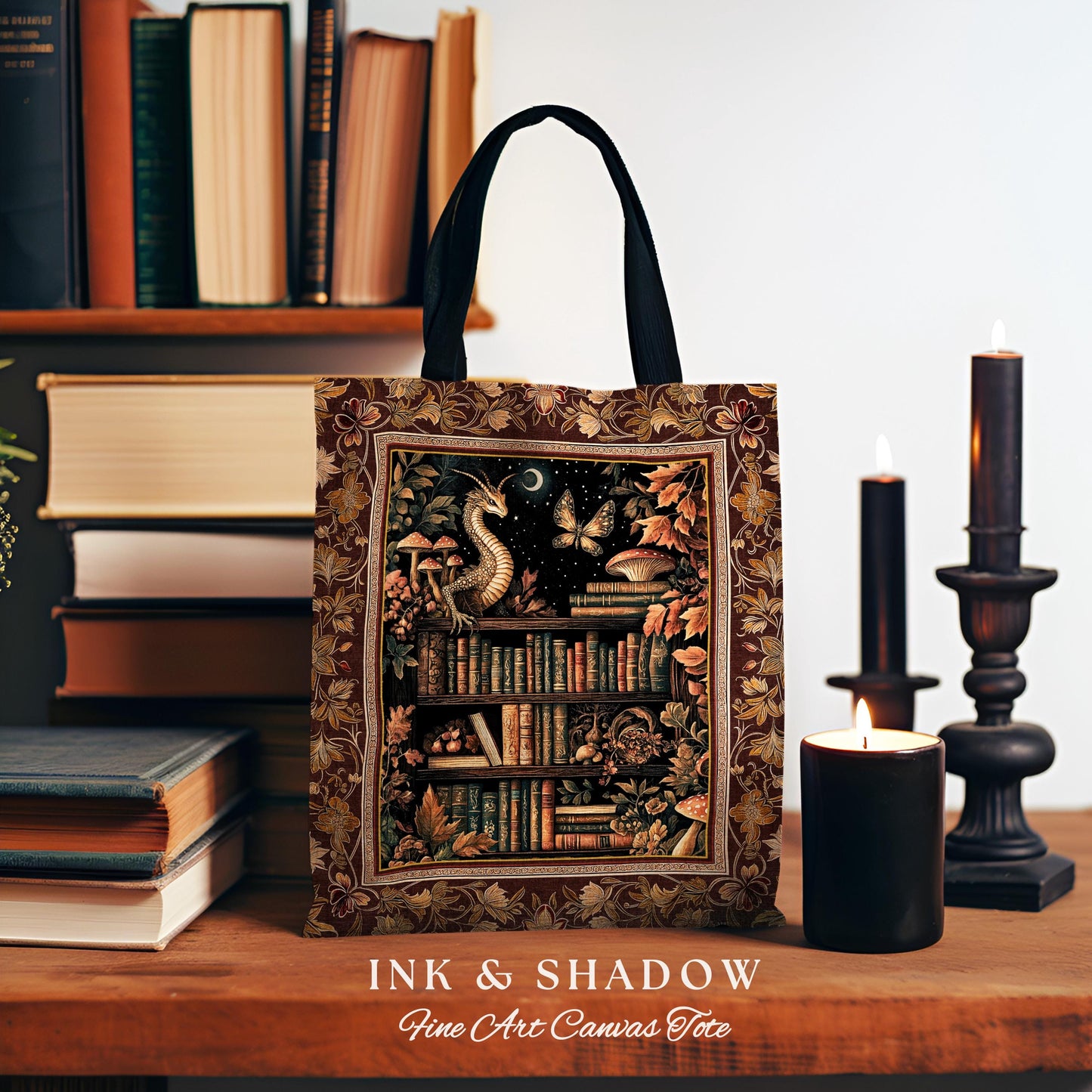 Rust Burnt Orange Woodland Book Nook Magical Dragon Tote Bag Dark Academia | Goblincore Vintage Folklore Bookshelf Enchanted Tapestry Bag |