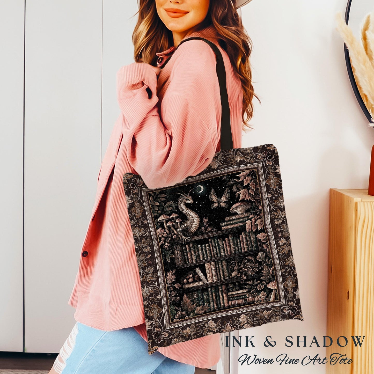 Rust Burnt Orange Woodland Book Nook Magical Dragon Tote Bag Dark Academia | Goblincore Vintage Folklore Bookshelf Enchanted Tapestry Bag |