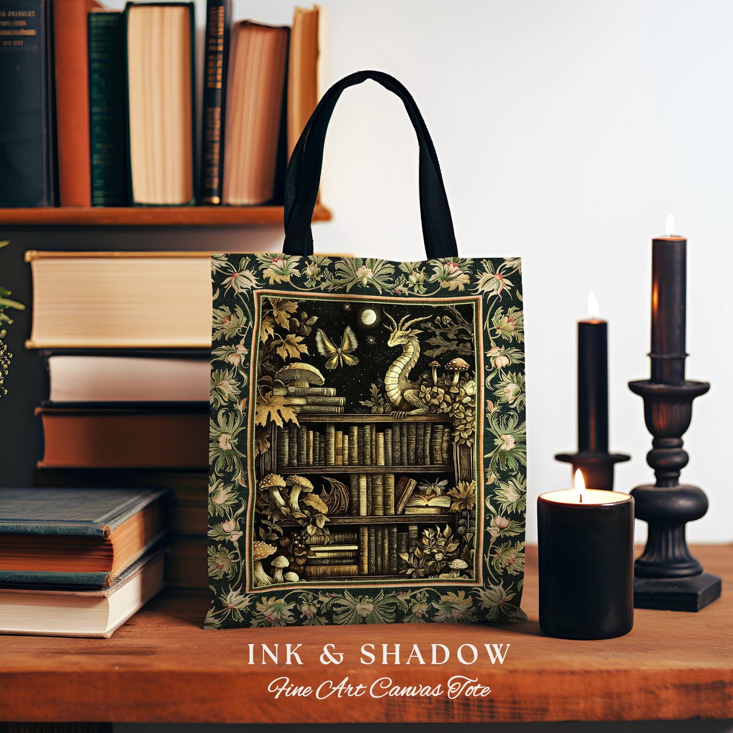 Enchanted Library Dragon Tapestry Tote Mystical Dark Academia Bookshelf Fantasy | Vintage Gothic Cottagecore Bookish Reading Book Bag Goth |