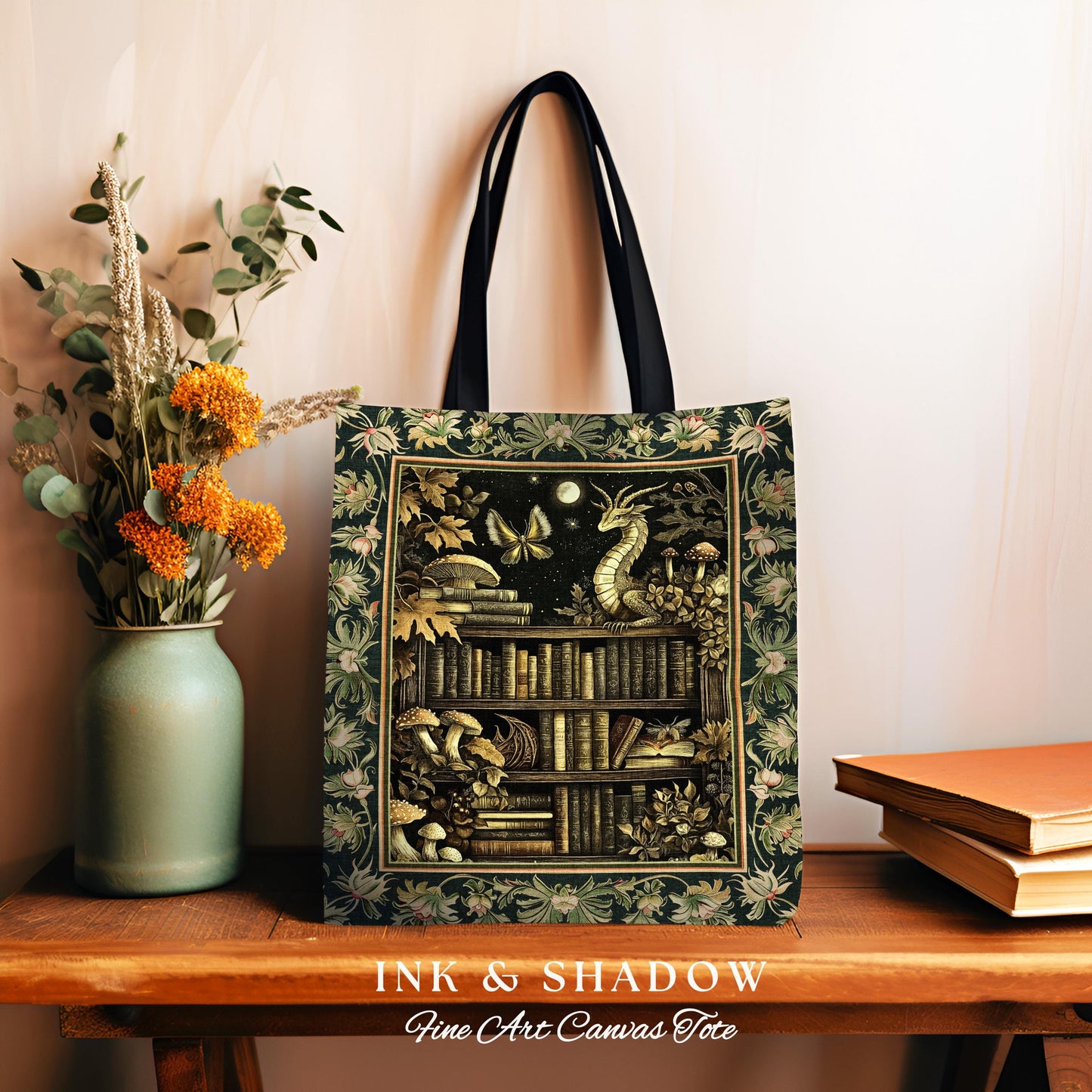 Enchanted Library Dragon Tapestry Tote Mystical Dark Academia Bookshelf Fantasy | Vintage Gothic Cottagecore Bookish Reading Book Bag Goth |