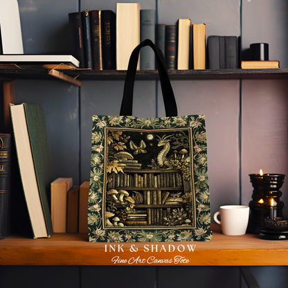 Enchanted Library Dragon Tapestry Tote Mystical Dark Academia Bookshelf Fantasy | Vintage Gothic Cottagecore Bookish Reading Book Bag Goth |