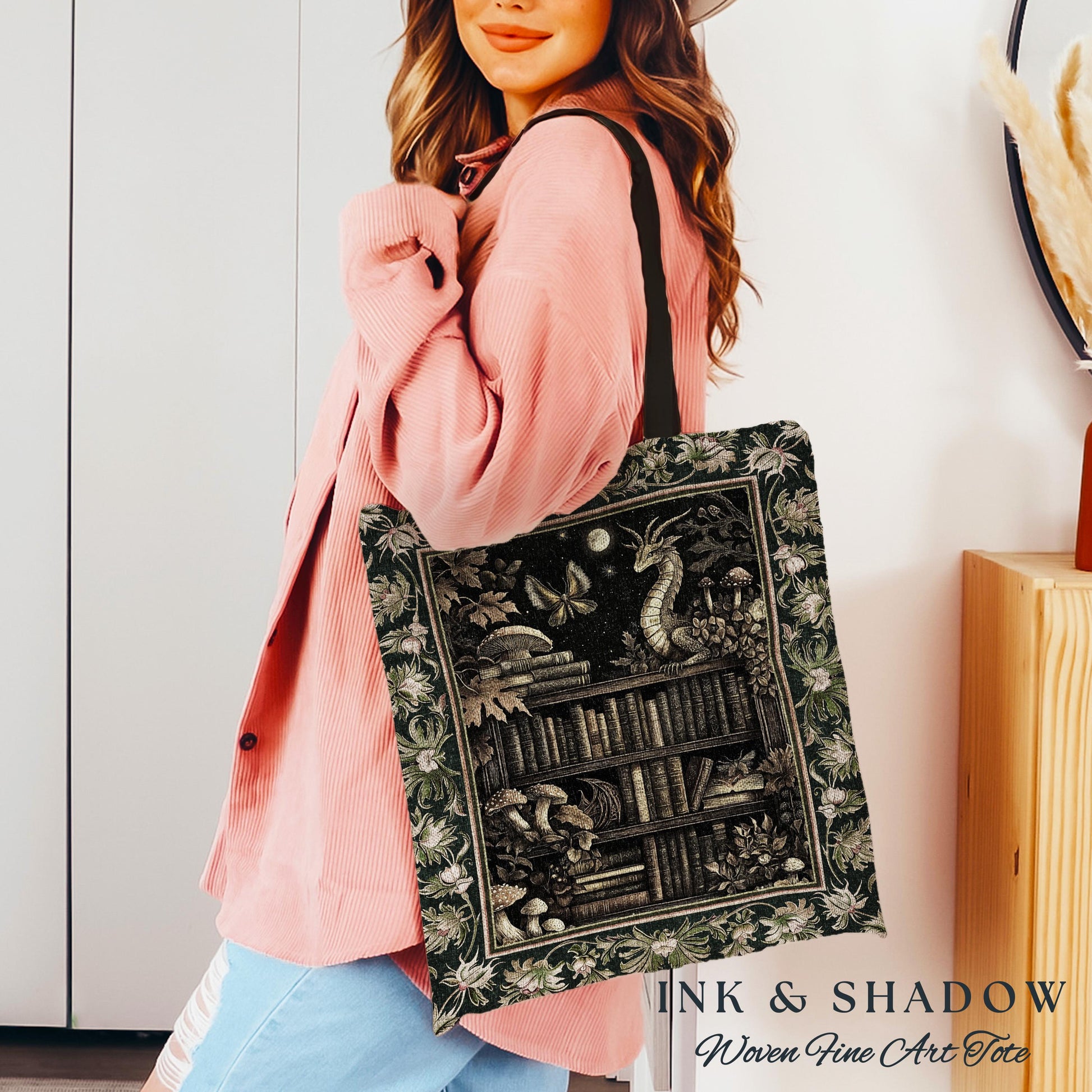 Enchanted Library Dragon Tapestry Tote Mystical Dark Academia Bookshelf Fantasy | Vintage Gothic Cottagecore Bookish Reading Book Bag Goth |