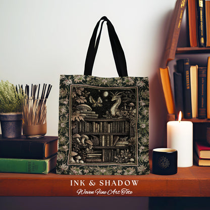 Enchanted Library Dragon Tapestry Tote Mystical Dark Academia Bookshelf Fantasy | Vintage Gothic Cottagecore Bookish Reading Book Bag Goth |