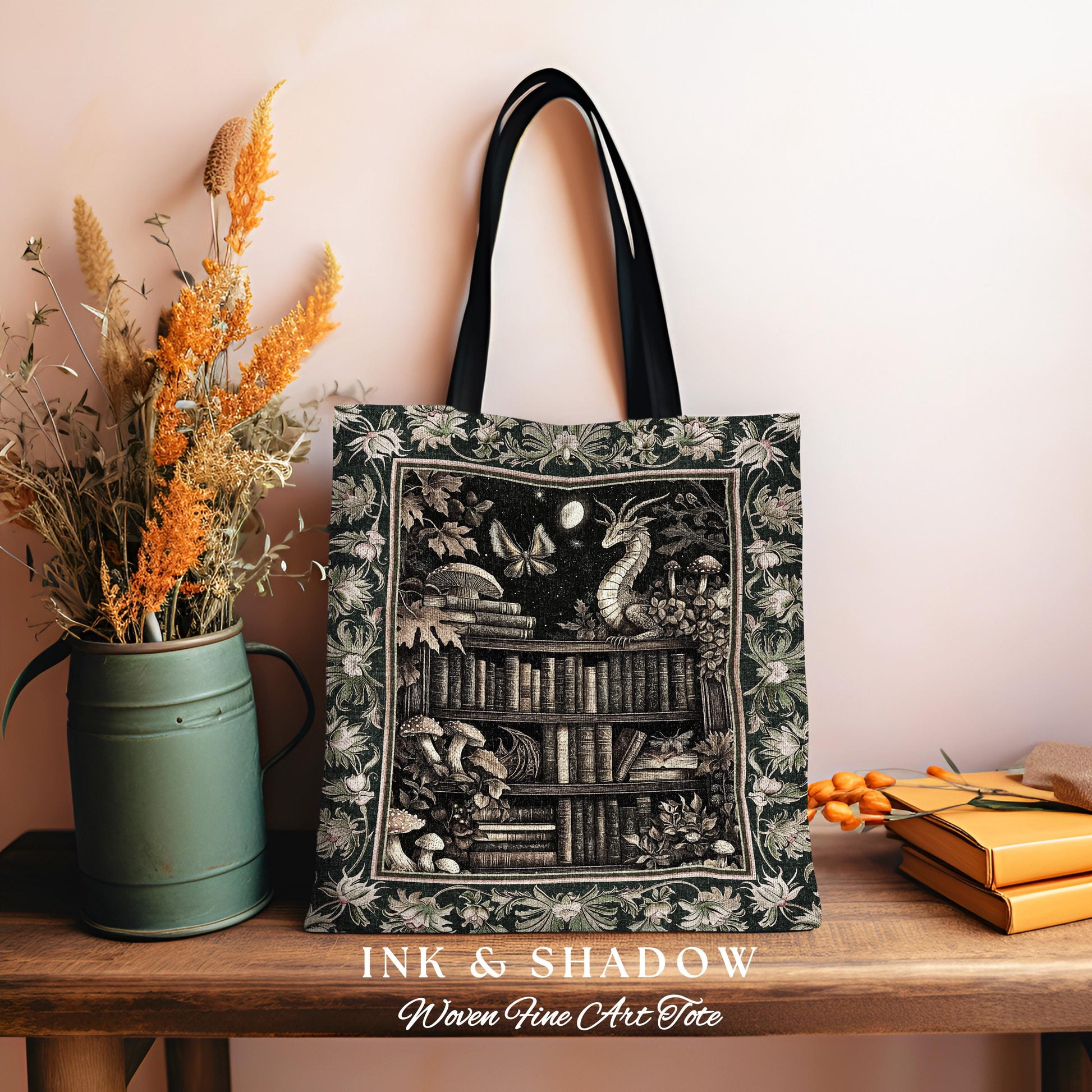 Enchanted Library Dragon Tapestry Tote Mystical Dark Academia Bookshelf Fantasy | Vintage Gothic Cottagecore Bookish Reading Book Bag Goth |