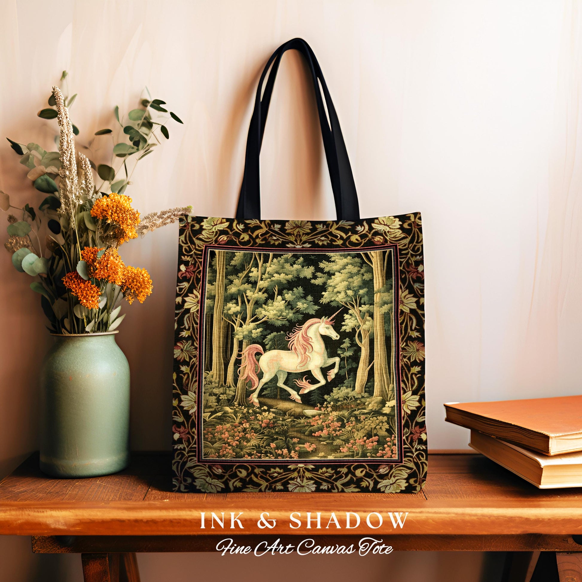 Medieval Unicorn Tapestry Tote Bag Dark Woodland Aesthetic | Enchanted Forest Accessory Whimsical Cottagecore Fantasy Art Mystic Forestcore