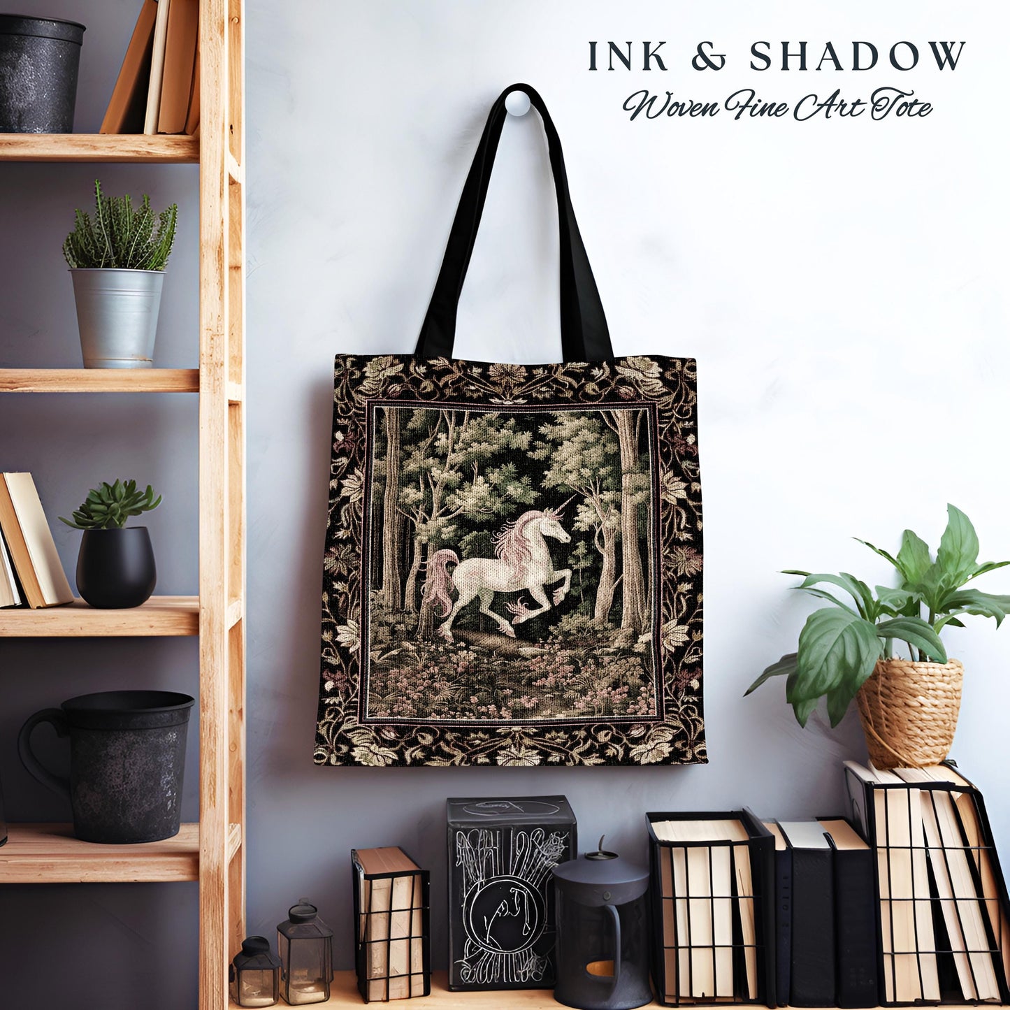 Medieval Unicorn Tapestry Tote Bag Dark Woodland Aesthetic | Enchanted Forest Accessory Whimsical Cottagecore Fantasy Art Mystic Forestcore