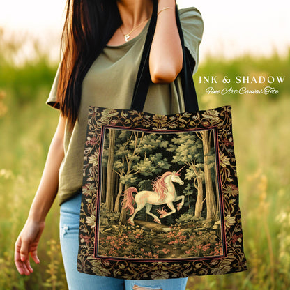Medieval Unicorn Tapestry Tote Bag Dark Woodland Aesthetic | Enchanted Forest Accessory Whimsical Cottagecore Fantasy Art Mystic Forestcore