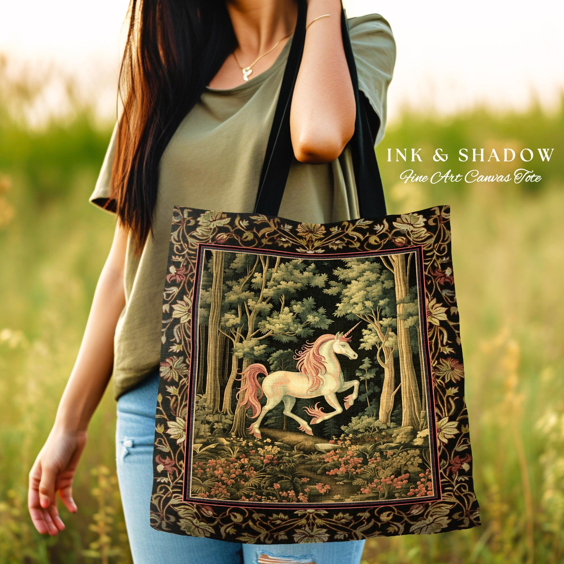Medieval Unicorn Tapestry Tote Bag Dark Woodland Aesthetic | Enchanted Forest Accessory Whimsical Cottagecore Fantasy Art Mystic Forestcore