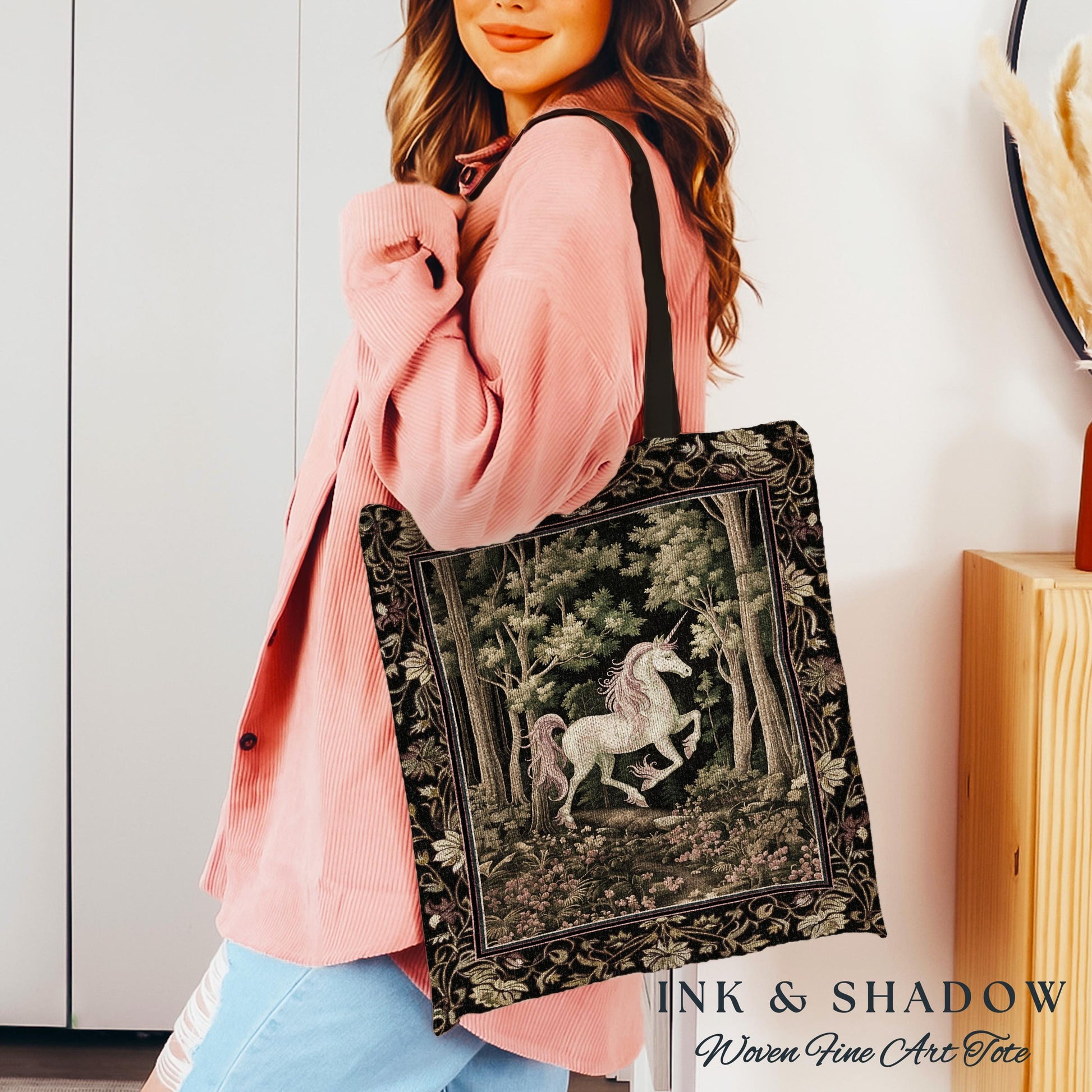 Medieval Unicorn Tapestry Tote Bag Dark Woodland Aesthetic | Enchanted Forest Accessory Whimsical Cottagecore Fantasy Art Mystic Forestcore
