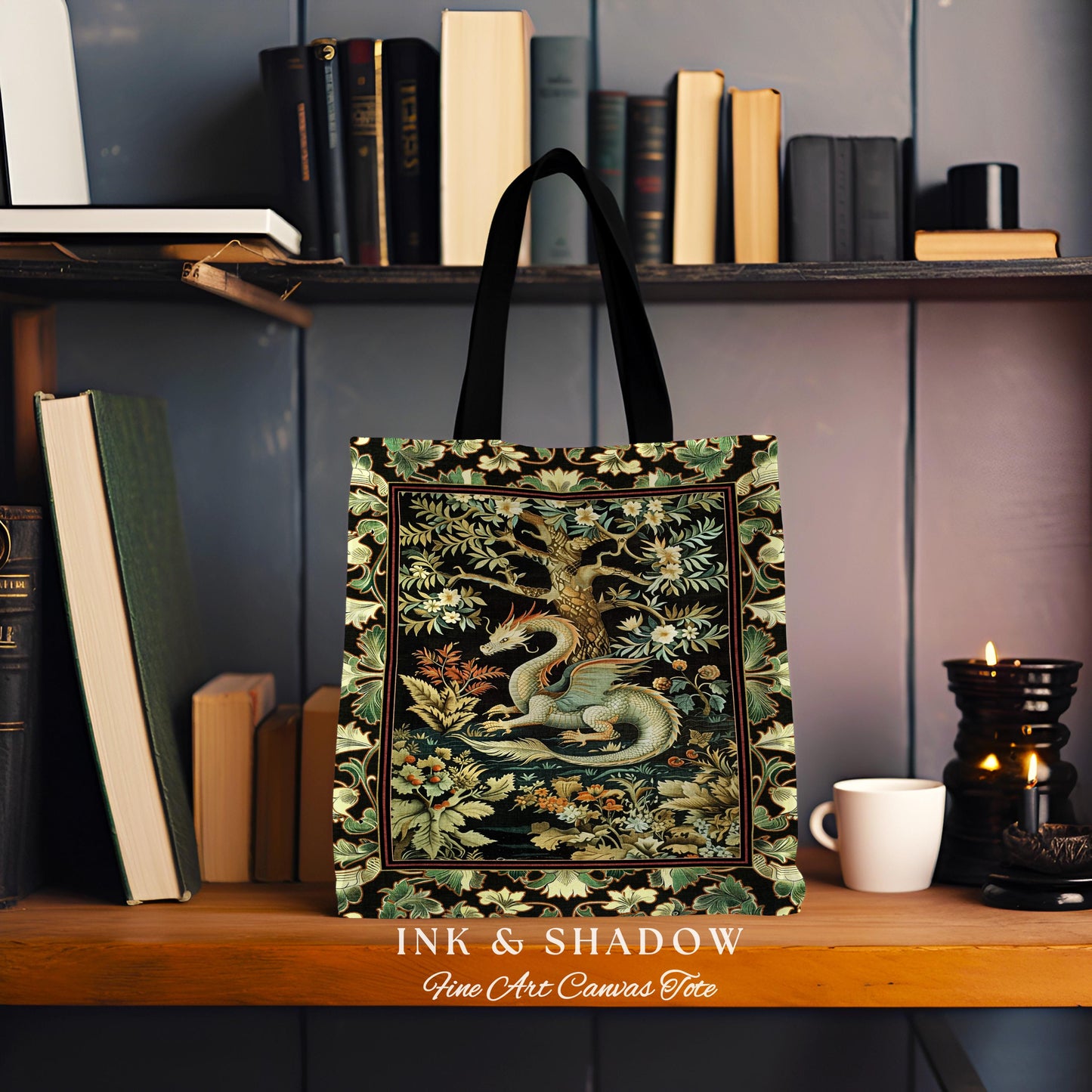 Mystical Fantasy Dragon Tapestry Tote Enchanting Dark Nature | Ancient Aesthetic Chinese Dragon Art Ethereal Woodland Gothic Forestcore Bag