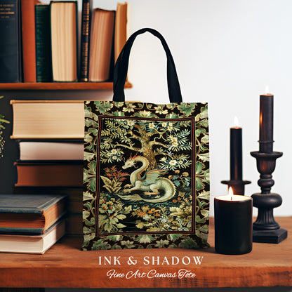 Mystical Fantasy Dragon Tapestry Tote Enchanting Dark Nature | Ancient Aesthetic Chinese Dragon Art Ethereal Woodland Gothic Forestcore Bag