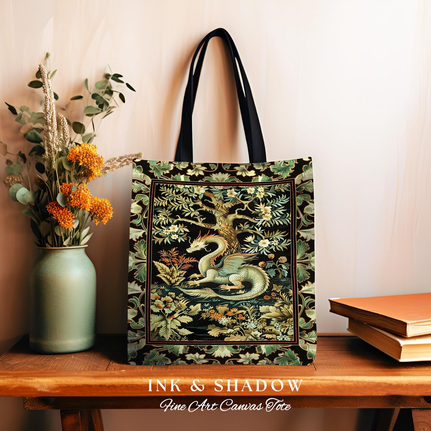 Mystical Fantasy Dragon Tapestry Tote Enchanting Dark Nature | Ancient Aesthetic Chinese Dragon Art Ethereal Woodland Gothic Forestcore Bag