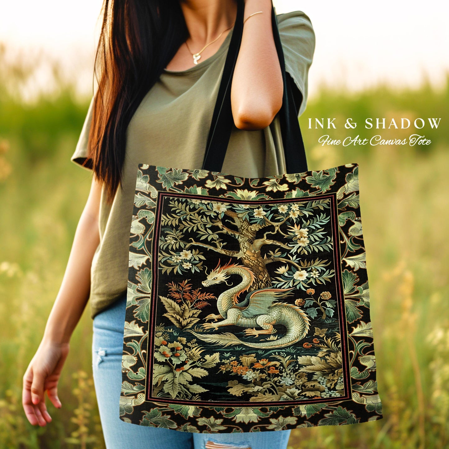 Mystical Fantasy Dragon Tapestry Tote Enchanting Dark Nature | Ancient Aesthetic Chinese Dragon Art Ethereal Woodland Gothic Forestcore Bag