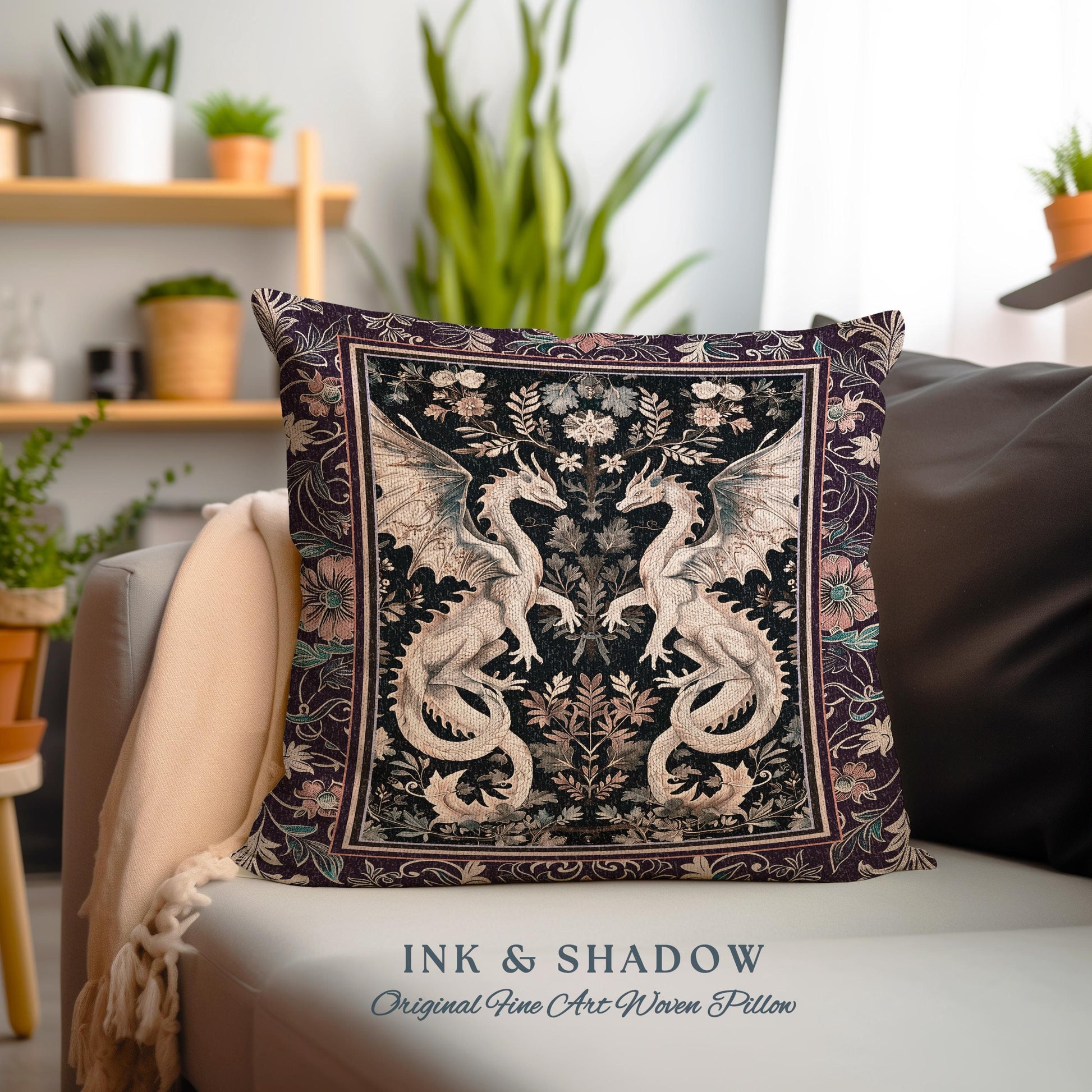 Victorian Gothic Dragon Pillow Enchanted Floral Baroque Tapestry Cushion Mystical Medieval Art Nouveau Woodland Charm Whimsigoth Cottagecore