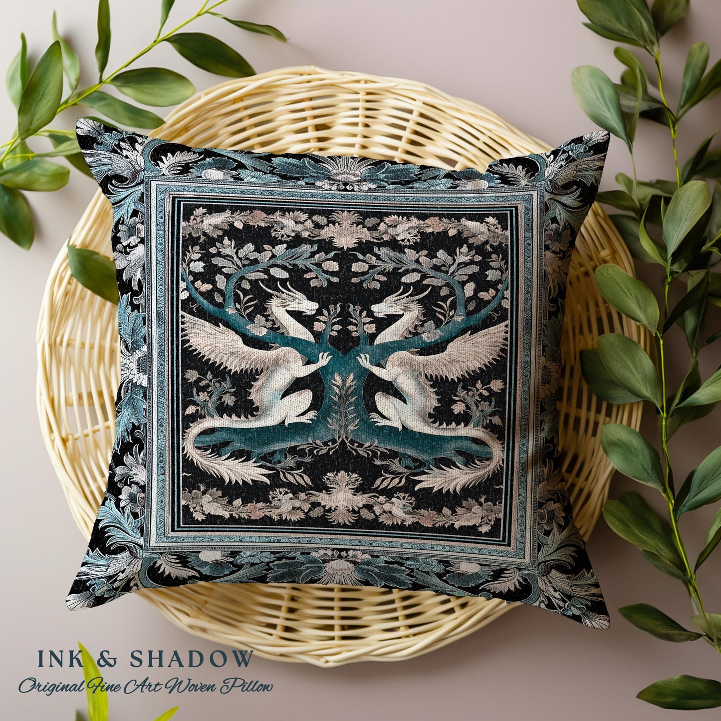 Indigo Dusty Blue Medieval Dragon Pillow Fairycore Boho Art Nouveau Home | Vintage Dark Academia Victorian Gothic Fairytale Tapestry Cushion