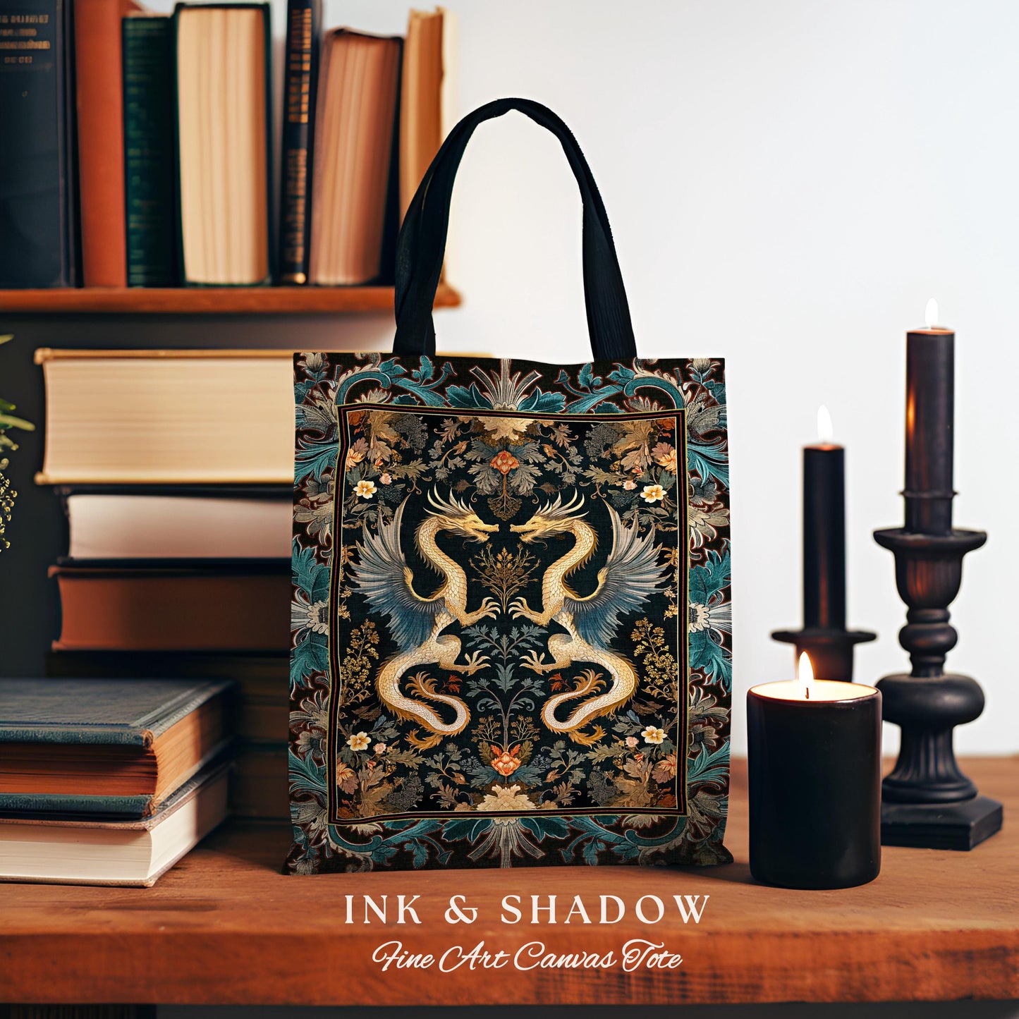 Art Deco Dragon Everyday Bag Antique Mystical Baroque Style Decor | Abstract Dragon Art Tote Whimsical Aesthetic Home Dark Academia Teal Bag