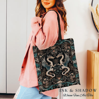 Art Deco Dragon Everyday Bag Antique Mystical Baroque Style Decor | Abstract Dragon Art Tote Whimsical Aesthetic Home Dark Academia Teal Bag