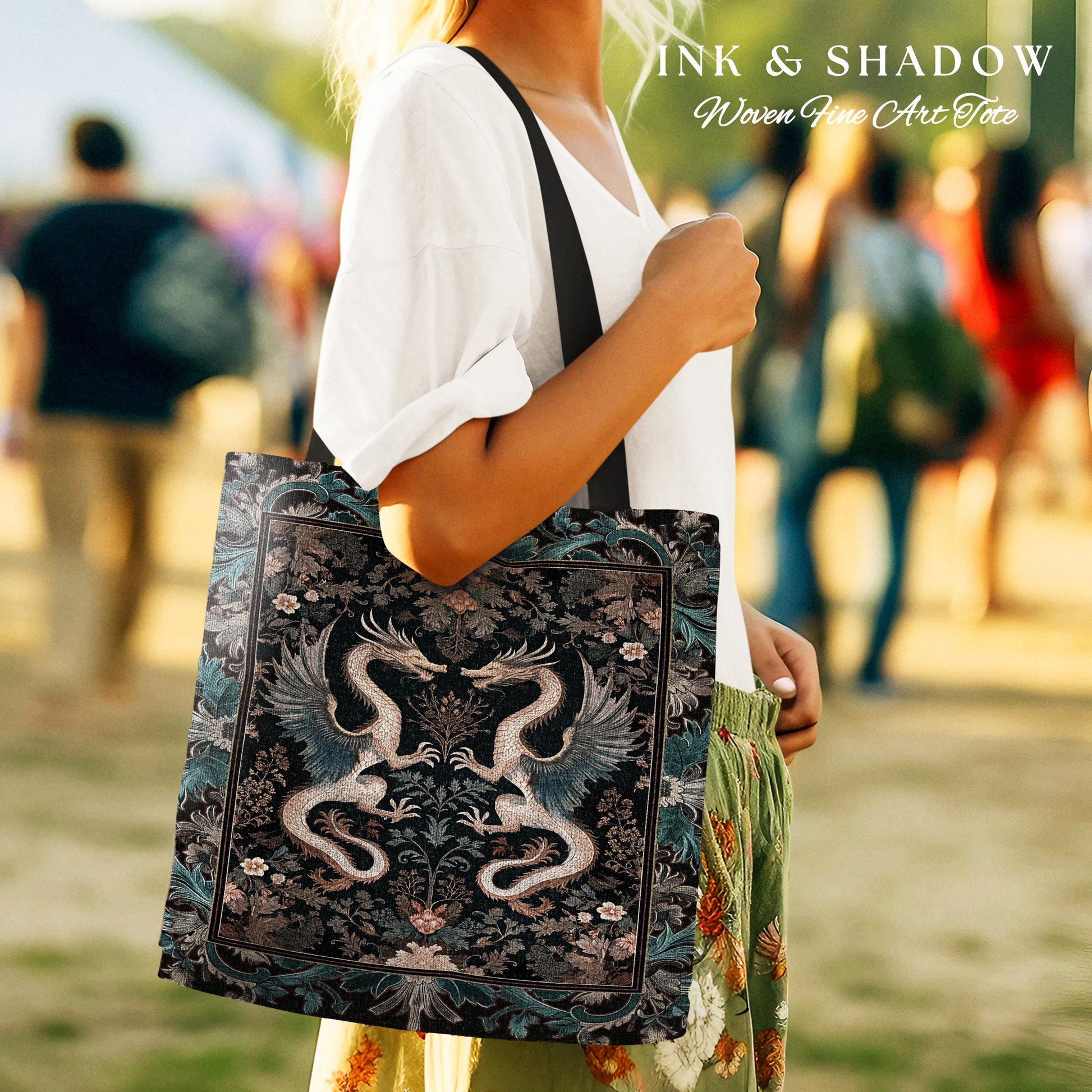 Art Deco Dragon Everyday Bag Antique Mystical Baroque Style Decor | Abstract Dragon Art Tote Whimsical Aesthetic Home Dark Academia Teal Bag